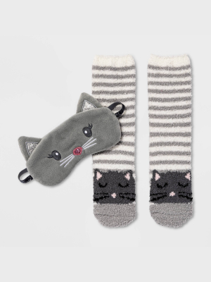 Women's Cat Eyemask & Cozy Socks Set - Gray 4-10