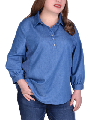 Three Quarter Sleeve Denim Blouse With Knit Insets - Plus