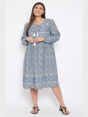 Drawstring Sky Blue Polyester Dress - Plus