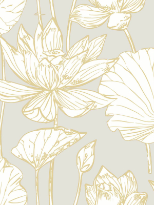 Lotus Floral Peel-and-stick Wallpaper In Gold And Grey By Nextwall