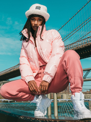 Pink Vinyl Longline Panel Puffer Jacket