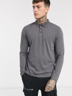 Asos Design Organic Long Sleeve Jersey Polo In Charcoal