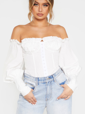 White Woven Frill Bardot Hook And Eye Shirt