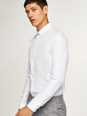 White Textured Long Sleeve Slim Shirt With Egyptian Cotton