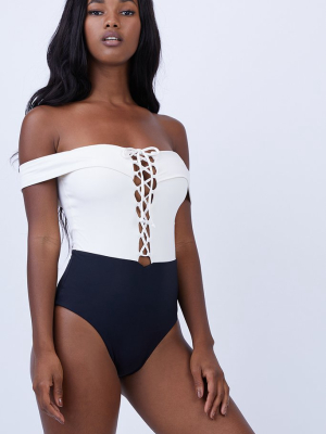 Anja Off Shoulder Lace Up One Piece Swimsuit - Cream White/black