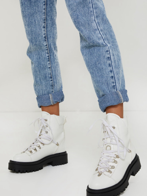 White Pu Lace Up Chunky Hiker Boot