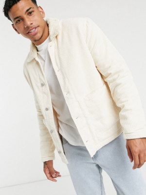 Asos Design Cord Worker Shacket With Borg Collar In Stone