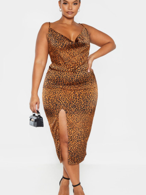 Plus Leopard Print Strappy Satin Cowl Midi Dress