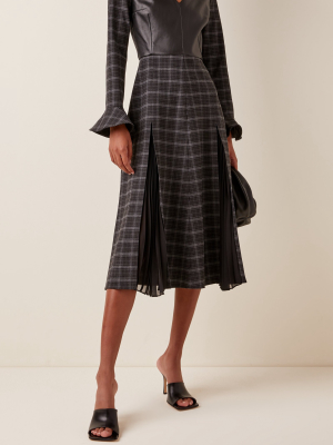 Faux Leather And Pleated Plaid Midi Dress