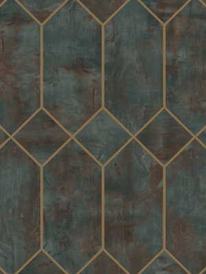 Geo Faux Wallpaper In Rust, Forest Green, And Metallic Gold From The Living With Art Collection By Seabrook Wallcoverings