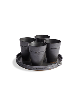 Drinking Cups & Tray Set Of 5 Stoneware