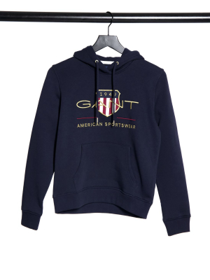 Gant Logo Hoodie With Archive Print In Navy