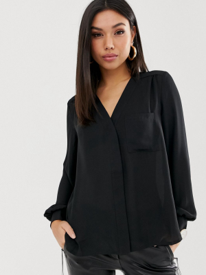 Asos Design Long Sleeve Blouse With Pocket Detail