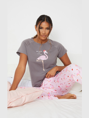 Pink Christmas Flamingo Print Legging Pj Set