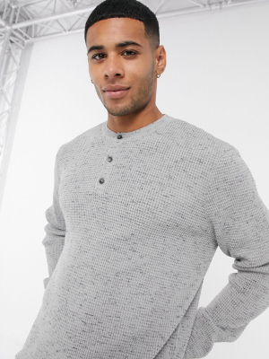 Asos Design Knitted Waffle Grandad Neck Jumper In Light Gray