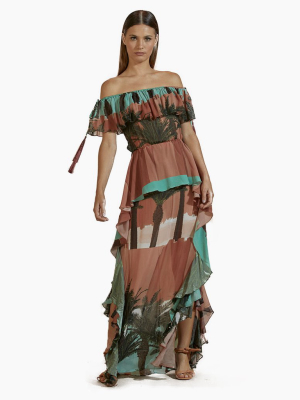 Crepe Off Shoulder Long Dress - Royal Mansour Print