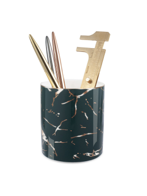 Zodaca Pen Holder, Ceramic Marble Pencil Cup Desk Organizer Makeup Brushes Holder With Gold Accent, Dark Green Golden