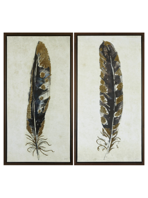 (set Of 2) 16.5" X 31.5" Gilded Feathers Canvas Wall Art Yellow