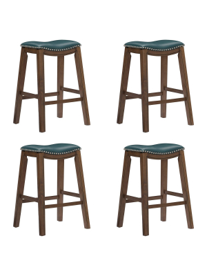 Homelegance 29" Pub Height Wooden Saddle Seat Barstool, Green Brown (4 Pack)