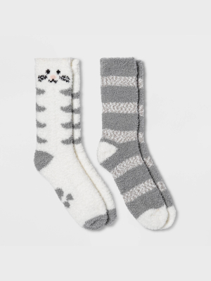 Women's Cat 2pk Cozy Crew Socks - Cream/gray 4-10
