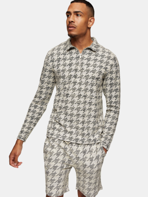 White And Grey Houndstooth Print Slim Shirt