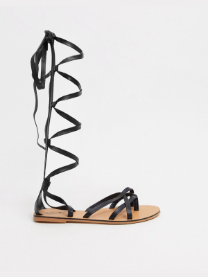 Asos Design Firebox Leather Knee High Gladiator Sandals In Black