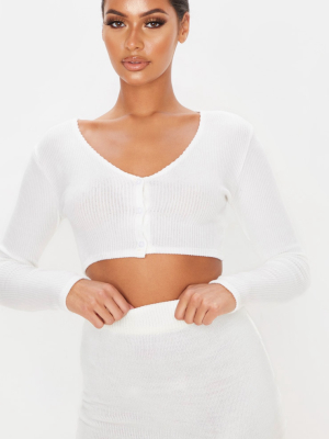 White Brushed Rib Button Up Long Sleeve Crop Top