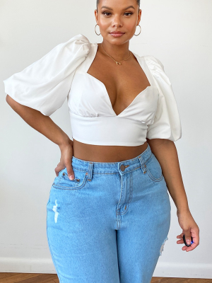 Plus White Woven Puff Sleeve Structured Crop Top