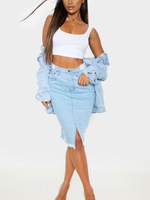 Light Wash Distressed Hem Midi Denim Skirt