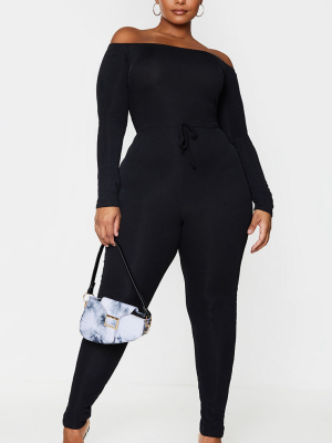 Plus Black Rib Bardot Tie Waist Jumpsuit