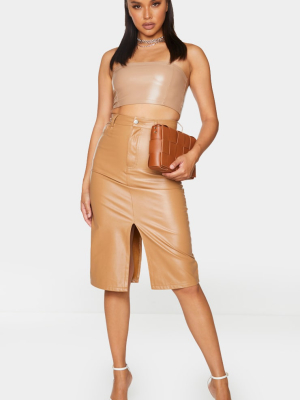 Camel Faux Leather Split Hem Midi Skirt