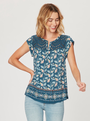 Lacework Eyelet Top With Floral Print