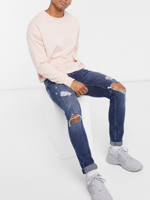 Topman Super Skinny Jeans With Rips In Blue Wash