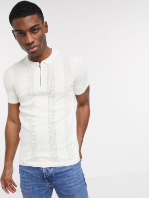 New Look Ladder Stitch Knitted Polo In White