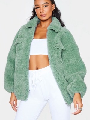 Green Long Faux Fur Oversized Collar Jacket