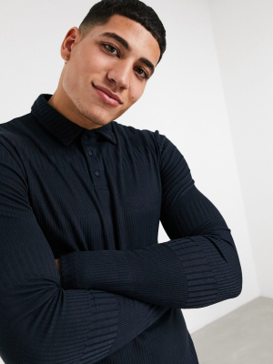 Asos Design Long Sleeve Muscle Fit Fancy Rib Polo In Navy