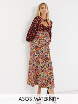 Asos Design Maternity Satin Sweetheart Neck Maxi Dress In Mixed Floral Print