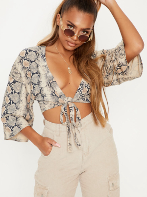 Grey Snake Print Tie Front Crop Top