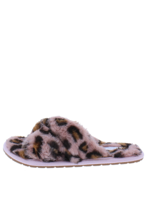 Natalie263 Pink Leopard Faux Fur Cross Strap Slide Sandal