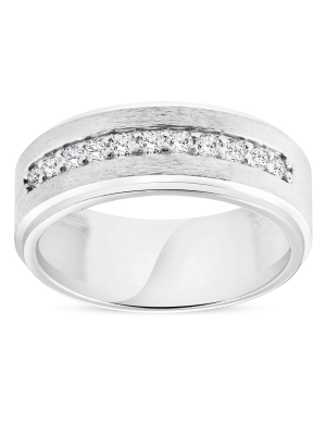 Pompeii3 Mens 3/8ct White Gold Diamond 10k Brushed Wedding 8mm Anniversary Band