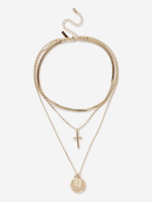 **coin And Cross Multirow Necklace