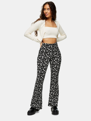 Petite Black And White Floral Print Flare Pants