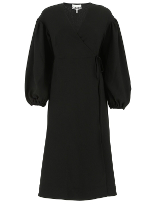 Ganni Creped Puff-sleeve Wrap Dress