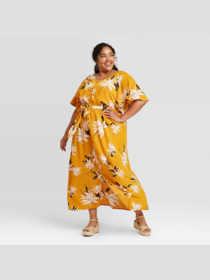 Women's Plus Size Printed Flutter Elbow Sleeve Maxi Dress - Ava & Viv™