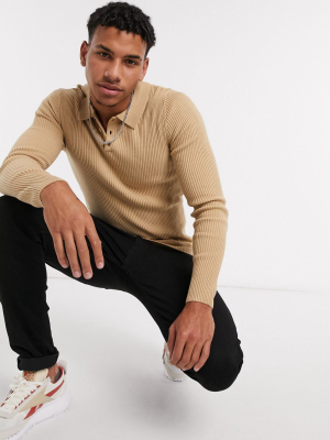 Asos Design Muscle Fit Ribbed Polo In Camel