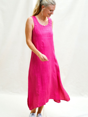 Becky Premium Linen Midi Dress | Fuchsia