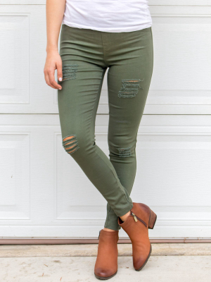 Distressed Jeggings - Olive