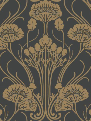 Nouveau Damask Wallpaper In Black And Gold From The Deco Collection By Antonina Vella For York Wallcoverings