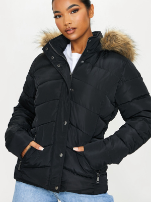 Black Quilted Mara Faux Fur Hooded Puffer Jacket