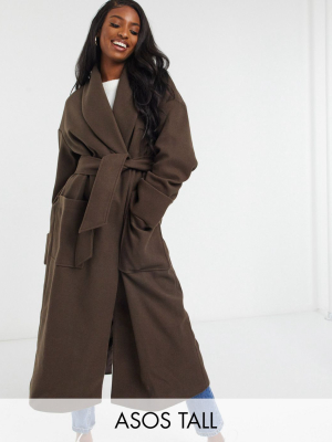 Asos Design Tall Hero Robe Belted Coat In Brown